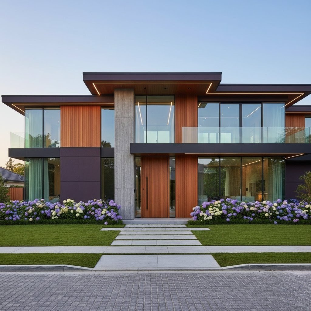 The Violet, Plum, and Oak Theme Villa – Front View Exterior Design with a Beautiful Entrance - 10